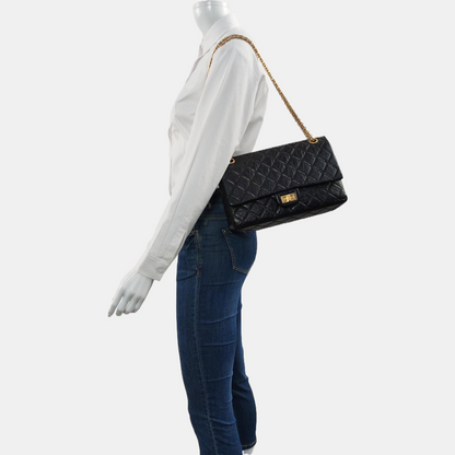 CHANEL 2.55 Large Black Calfskin Quilted Single Shoulder Bag Crossbody with Gold Hardware, 14 Clasp-(SKU)-969102253