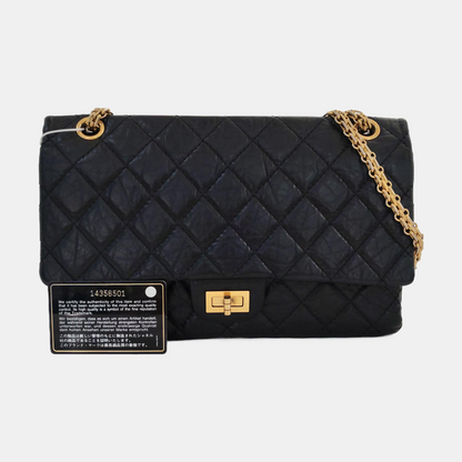 CHANEL 2.55 Large Black Calfskin Quilted Single Shoulder Bag Crossbody with Gold Hardware, 14 Clasp-(SKU)-969102253