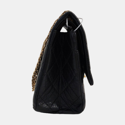 CHANEL 2.55 Large Black Calfskin Quilted Single Shoulder Bag Crossbody with Gold Hardware, 14 Clasp-(SKU)-969102253