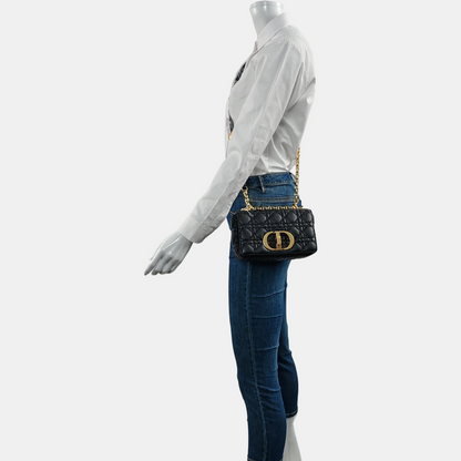 DIOR Dior Caro Small Black Calfskin Diamond Quilted Shoulder Bag Crossbody Bag Gold Hardware Removable Strap-(SKU)-969074016