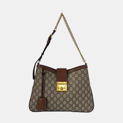 GUCCI Padlock Medium Brown Coated Canvas Monogram Shoulder Bag Handbag Golden Hardware-(SKU)-969086210