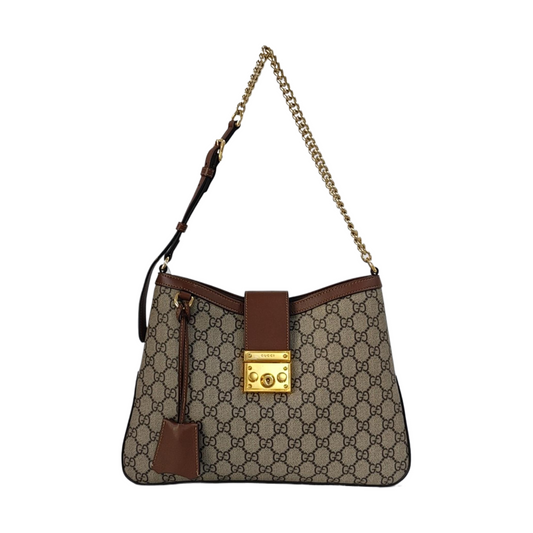 GUCCI Padlock Medium Brown Coated Canvas Monogram Shoulder Bag Handbag Golden Hardware-(SKU)-969086210