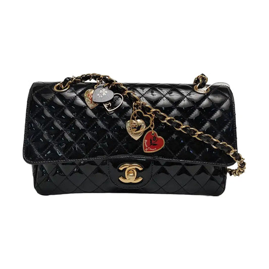 CHANEL CLASSIC FLAP Medium Black Patent Leather Cannage Flap Single Shoulder Bag Gold Black Red Hardware 13 Clasp-(SKU)-969308446