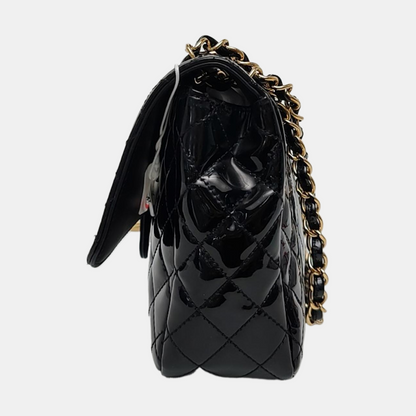 CHANEL CLASSIC FLAP Medium Black Patent Leather Cannage Flap Single Shoulder Bag Gold Black Red Hardware 13 Clasp-(SKU)-969308446