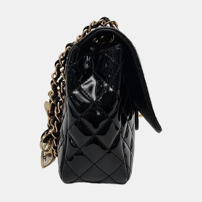 CHANEL CLASSIC FLAP Medium Black Patent Leather Cannage Flap Single Shoulder Bag Gold Black Red Hardware 13 Clasp-(SKU)-969308446