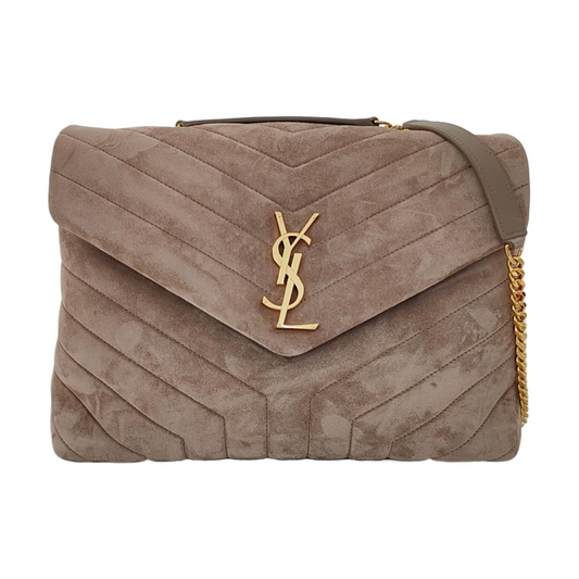 YSL LOULOU Medium Size Taupe Suede Quilted V-Stitch Shoulder Bag Crossbody Bag Golden Hardware-(SKU)-968011194