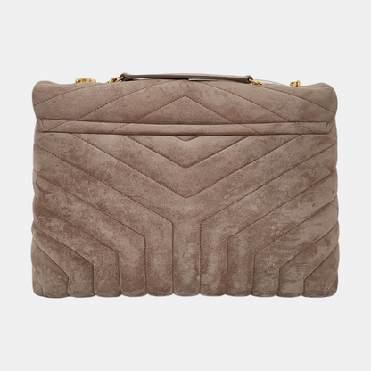 YSL LOULOU Medium Size Taupe Suede Quilted V-Stitch Shoulder Bag Crossbody Bag Golden Hardware-(SKU)-968011194