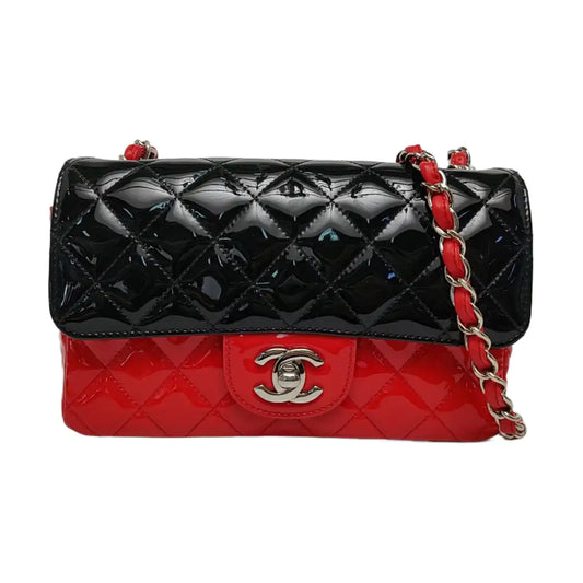 CHANEL CLASSIC FLAP Mini Color Block Patent Leather Quilted Shoulder Bag Tote Bag Crossbody Silver Hardware 29cm-(SKU)-969284636