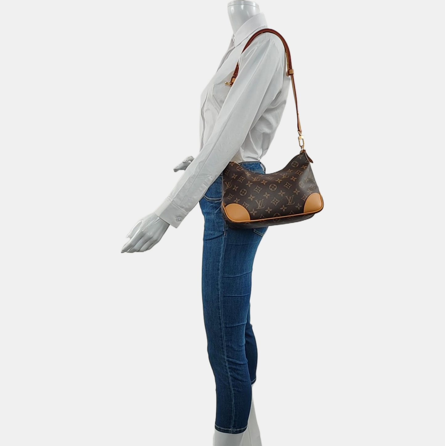 LOUIS VUITTON BOULOGNE Brown Coated Canvas Monogram Horn Bag Single Shoulder Bag Tote Bag Crossbody Bag with Gold Hardware and 2 Detachable Shoulder Straps-(SKU)-969109730