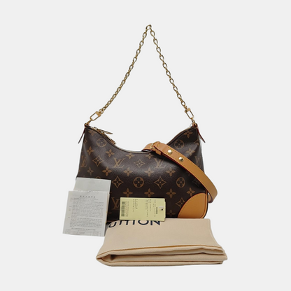 LOUIS VUITTON BOULOGNE Brown Coated Canvas Monogram Horn Bag Single Shoulder Bag Tote Bag Crossbody Bag with Gold Hardware and 2 Detachable Shoulder Straps-(SKU)-969109730