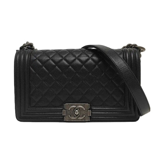 CHANEL BOY CHANEL Medium Black Lamb Calfskin Quilted Crossbody Bag Single Shoulder Bag Handbag Detachable Strap-(SKU)-968906623