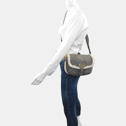 DIOR Bobby Medium Grey Wool Skin Saddle Bag Single Shoulder Bag Handbag Crossbody Bag Gold Hardware Removable Strap-(SKU)-969198094
