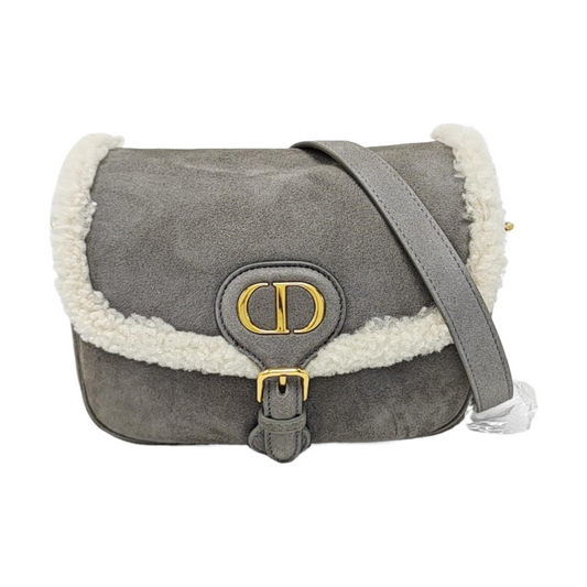 DIOR Bobby Medium Grey Wool Skin Saddle Bag Single Shoulder Bag Handbag Crossbody Bag Gold Hardware Removable Strap-(SKU)-969198094