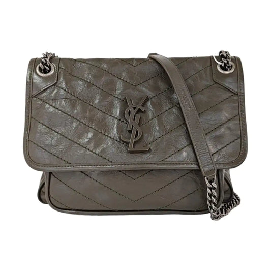 YSL NIKI Medium Grey Calfskin V-Shape Pleated Single Shoulder Bag and Crossbody with Silver Grey Hardware-(SKU)-969271602