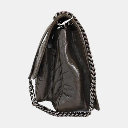 YSL NIKI Medium Grey Calfskin V-Shape Pleated Single Shoulder Bag and Crossbody with Silver Grey Hardware-(SKU)-969271602