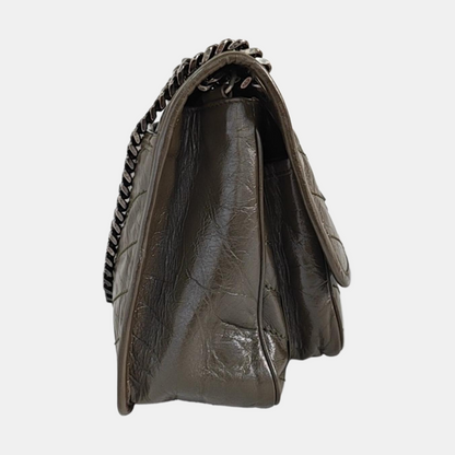 YSL NIKI Medium Grey Calfskin V-Shape Pleated Single Shoulder Bag and Crossbody with Silver Grey Hardware-(SKU)-969271602