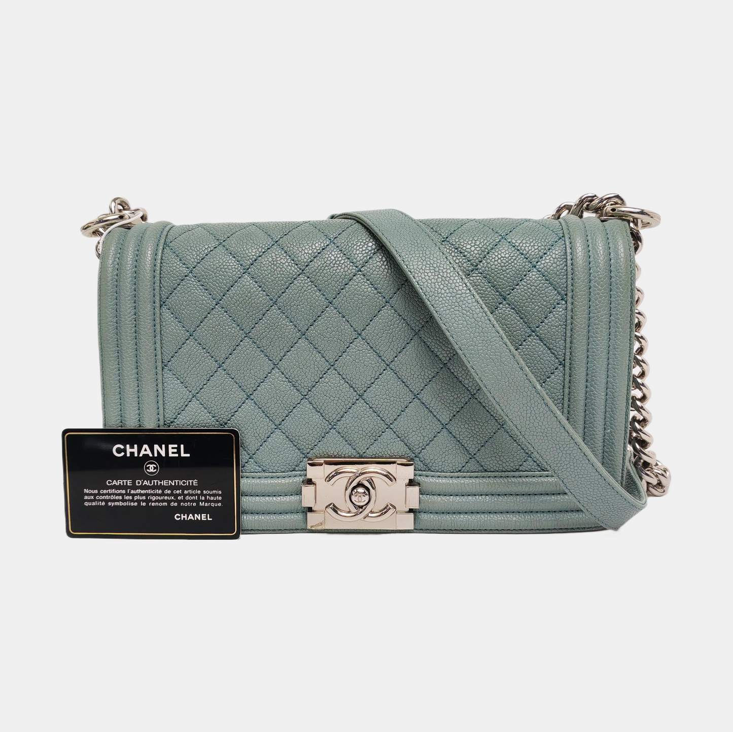 CHANEL BOY CHANEL Medium Green Calfskin Quilted Cannage Single Shoulder Bag, Crossbody Bag with Detachable Strap and Gold/Silver Hardware-(SKU)-969449479