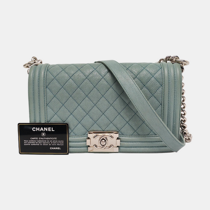 CHANEL BOY CHANEL Medium Green Calfskin Quilted Cannage Single Shoulder Bag, Crossbody Bag with Detachable Strap and Gold/Silver Hardware-(SKU)-969449479