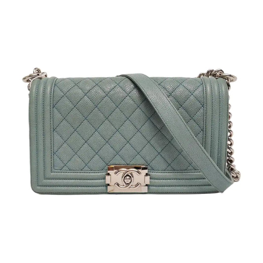 CHANEL BOY CHANEL Medium Green Calfskin Quilted Cannage Single Shoulder Bag, Crossbody Bag with Detachable Strap and Gold/Silver Hardware-(SKU)-969449479