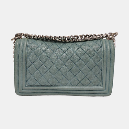 CHANEL BOY CHANEL Medium Green Calfskin Quilted Cannage Single Shoulder Bag, Crossbody Bag with Detachable Strap and Gold/Silver Hardware-(SKU)-969449479