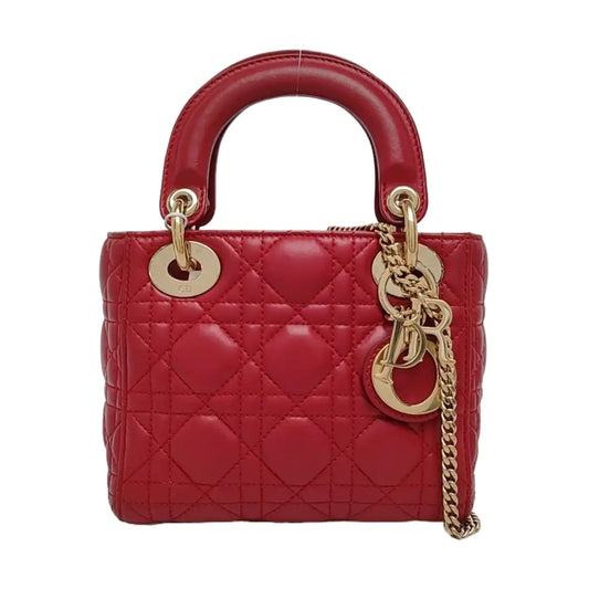 DIOR Lady Dior Mini Burgundy Calfskin Monogram Quilted Cannage Diana Three-Panel Shoulder Bag Crossbody with Removable Strap-(SKU)-969414820
