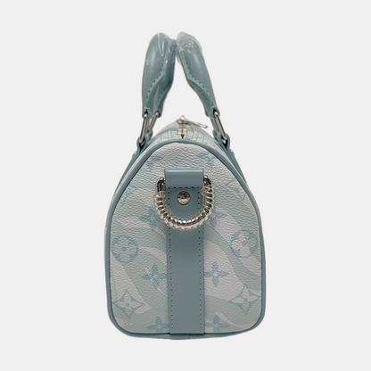 LOUIS VUITTON KEEPALL 25 Blue coated canvas monogram floral Boston bag shoulder bag handbag crossbody bag with silver hardware and removable shoulder strap-(SKU)-969471035