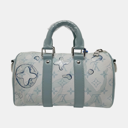 LOUIS VUITTON KEEPALL 25 Blue coated canvas monogram floral Boston bag shoulder bag handbag crossbody bag with silver hardware and removable shoulder strap-(SKU)-969471035