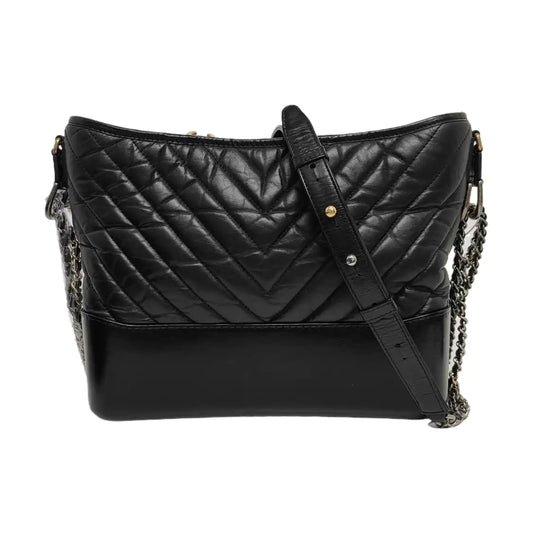 CHANEL GABRIELLE Medium Black Leather Quilted V-Stitch Hobo Shoulder Bag Crossbody with Gold/Silver/Ruthenium Hardware, 26 Clasps and Removable Strap-(SKU)-969446389