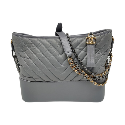 CHANEL GABRIELLE Medium Dark Gray Calfskin Quilted V Pattern Gabby Bag Crossbody Shoulder Bag Sling Bag Gold Silver Ruthenium Hardware 29 Clasp Removable Strap-(SKU)-969446518
