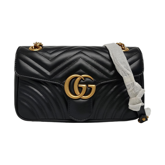 GUCCI GG Marmont Small Black Leather Quilted Wave Shoulder Bag Tote Crossbody with Detachable Strap-(SKU)-969320684