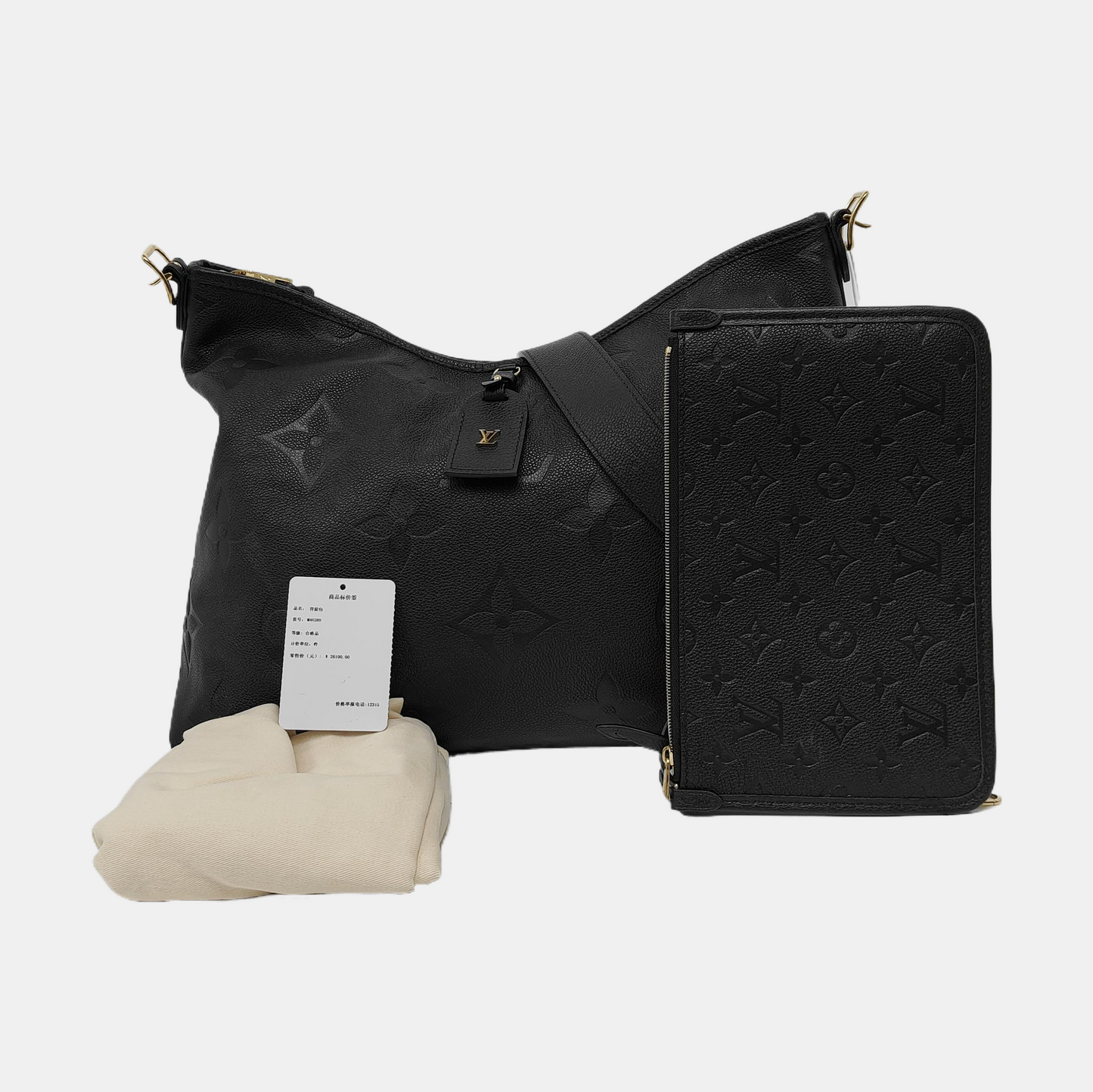 LOUIS VUITTON CARRYALL Medium Black Leather Monogram Crinkle Samurai Shoulder Bag Tote with Gold Hardware and Removable Strap-(SKU)-963988970