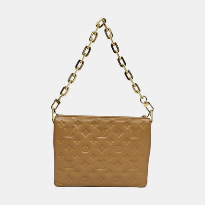 LOUIS VUITTON COUSSIN Small Khaki Calfskin Monogram Embossed Crossbody Bag Shoulder Bag Gold Hardware 2 Removable Straps Accessories Included-(SKU)-969393428