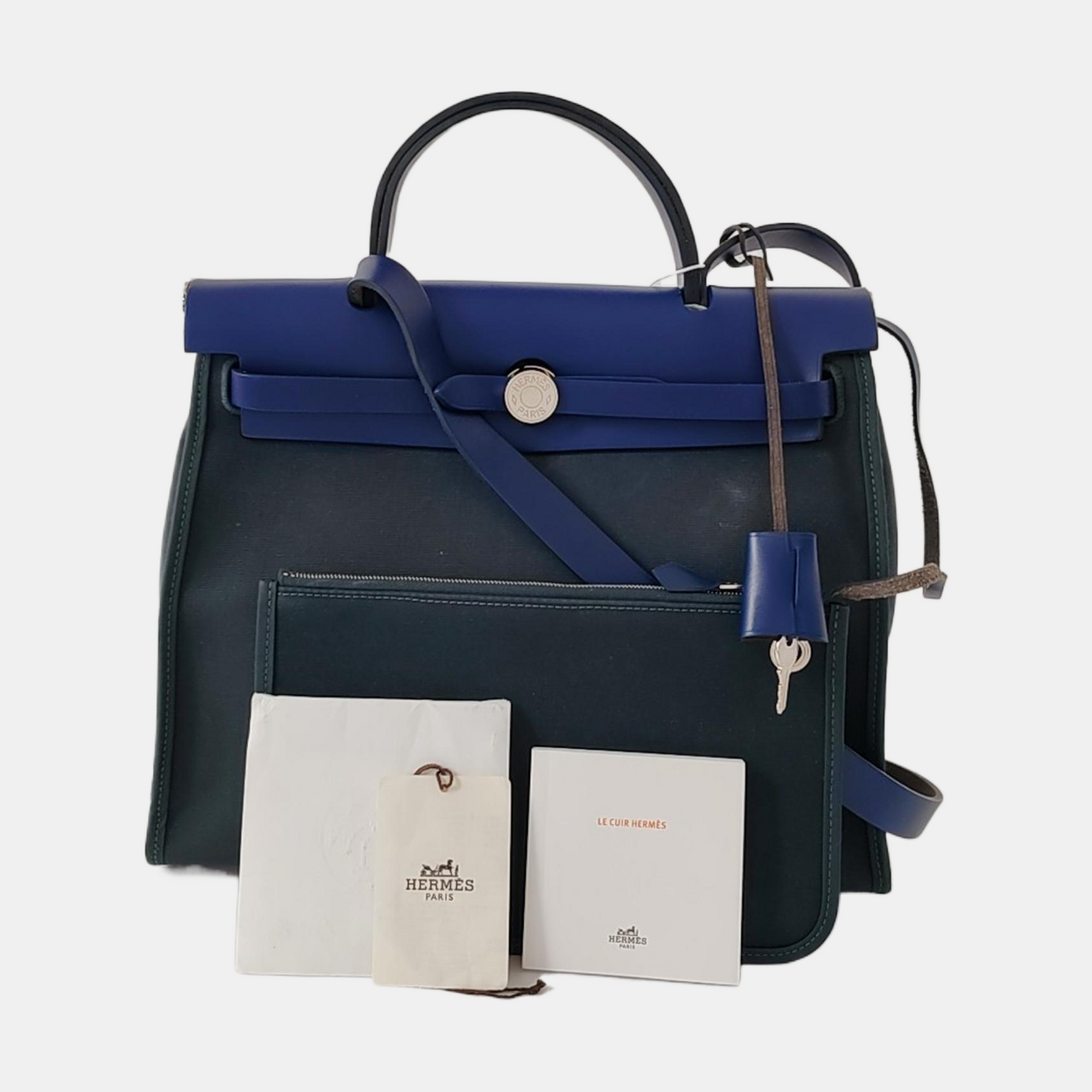 HERMÈS Herbag 31 Pine Green Canvas Crossbody, Tote, and Shoulder Bag with Silver Hardware C, Detachable Strap-(SKU)-969467115