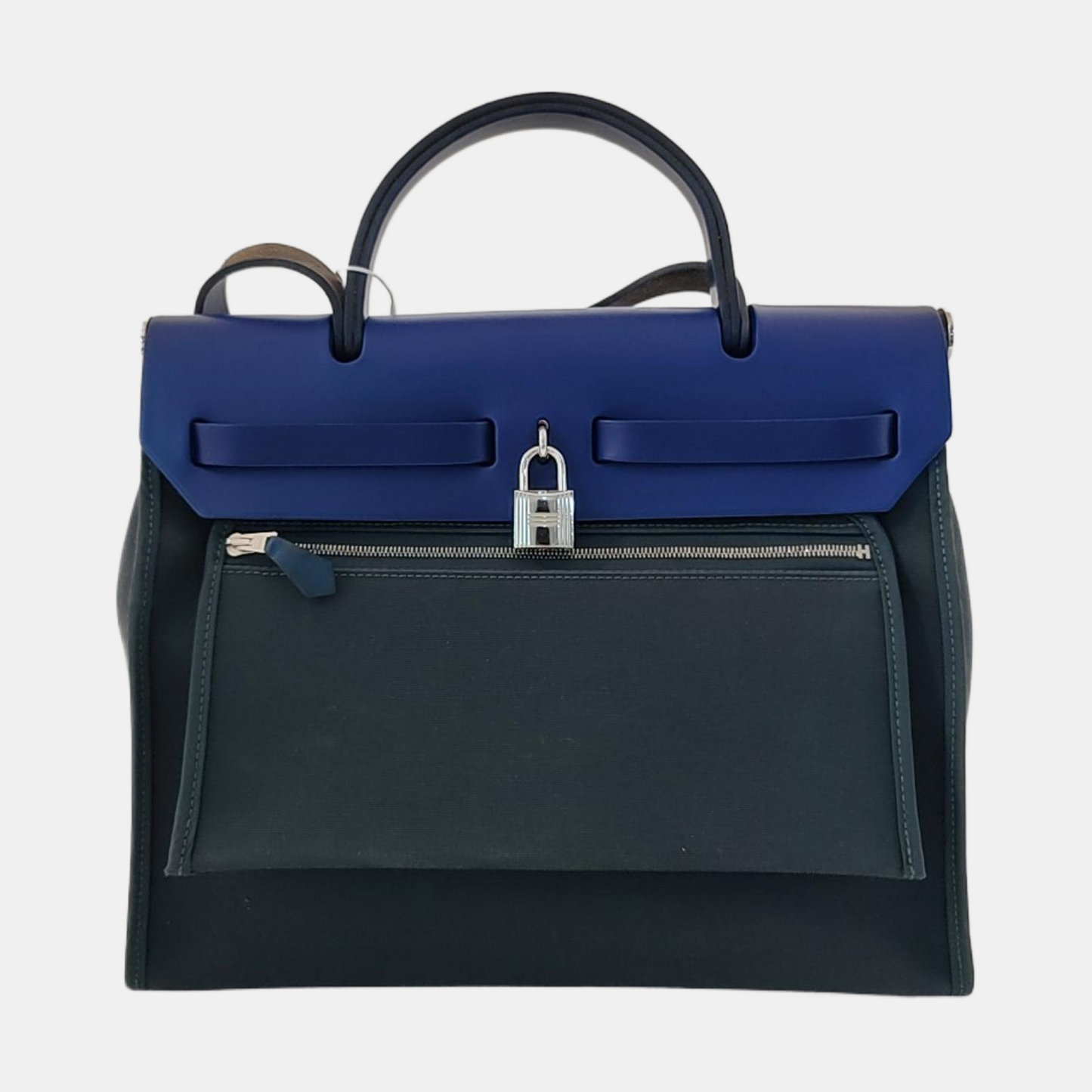 HERMÈS Herbag 31 Pine Green Canvas Crossbody, Tote, and Shoulder Bag with Silver Hardware C, Detachable Strap-(SKU)-969467115