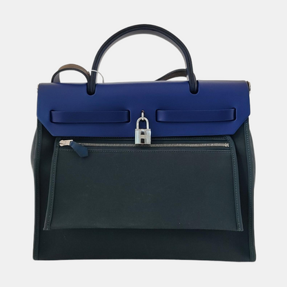 HERMÈS Herbag 31 Pine Green Canvas Crossbody, Tote, and Shoulder Bag with Silver Hardware C, Detachable Strap-(SKU)-969467115