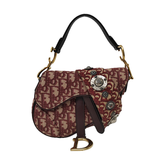DIOR Saddle Mini Red Canvas Monogram Damier Embossed Saddle Bag, Shoulder Bag, Golden Hardware, Removable Strap-(SKU)-969254795