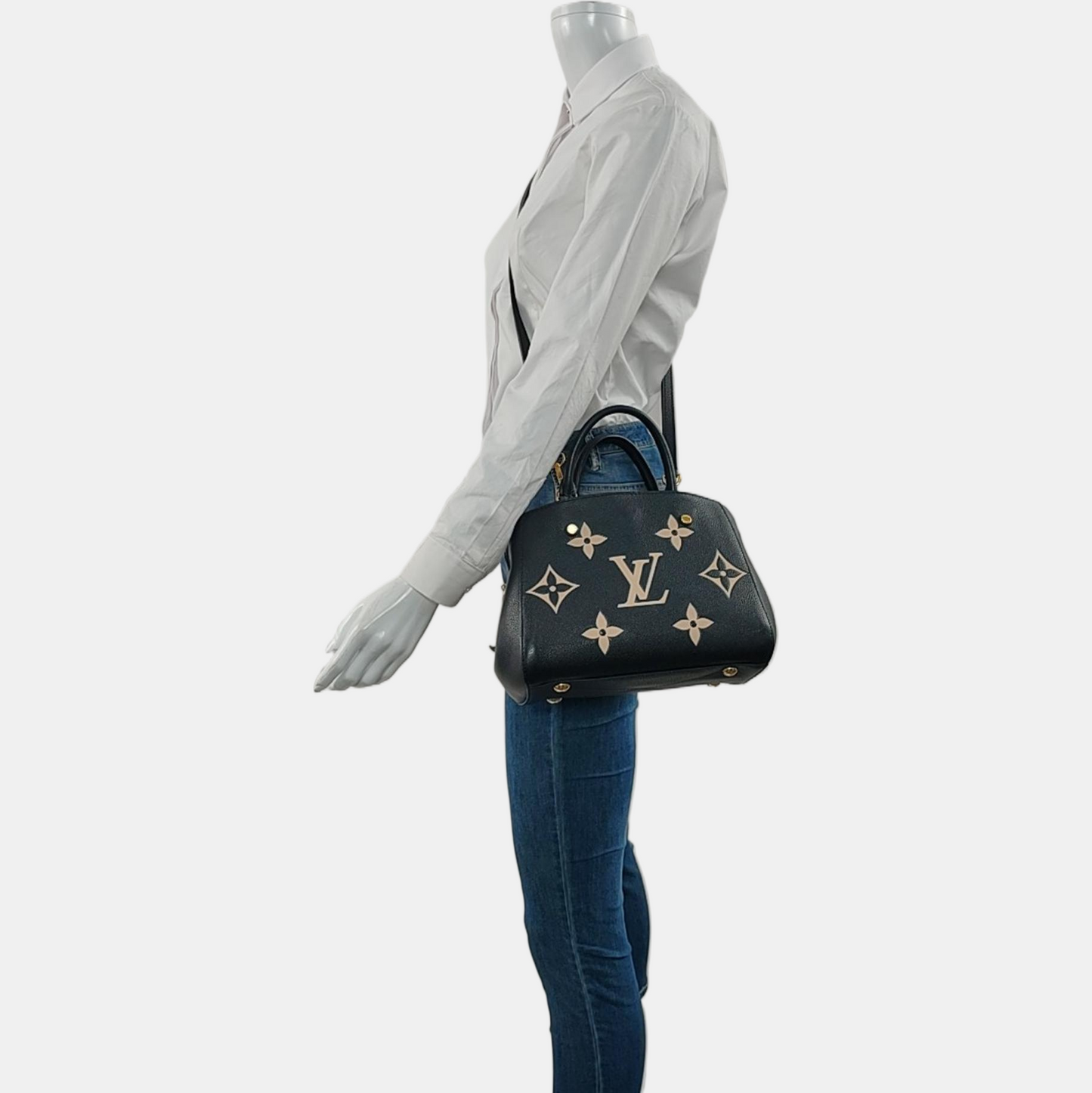 LOUIS VUITTON MONTAIGNE BB Black Leather Grained Montaigne Bag Shoulder Bag Crossbody Handbag with Gold Hardware and Removable Strap-(SKU)-969635032