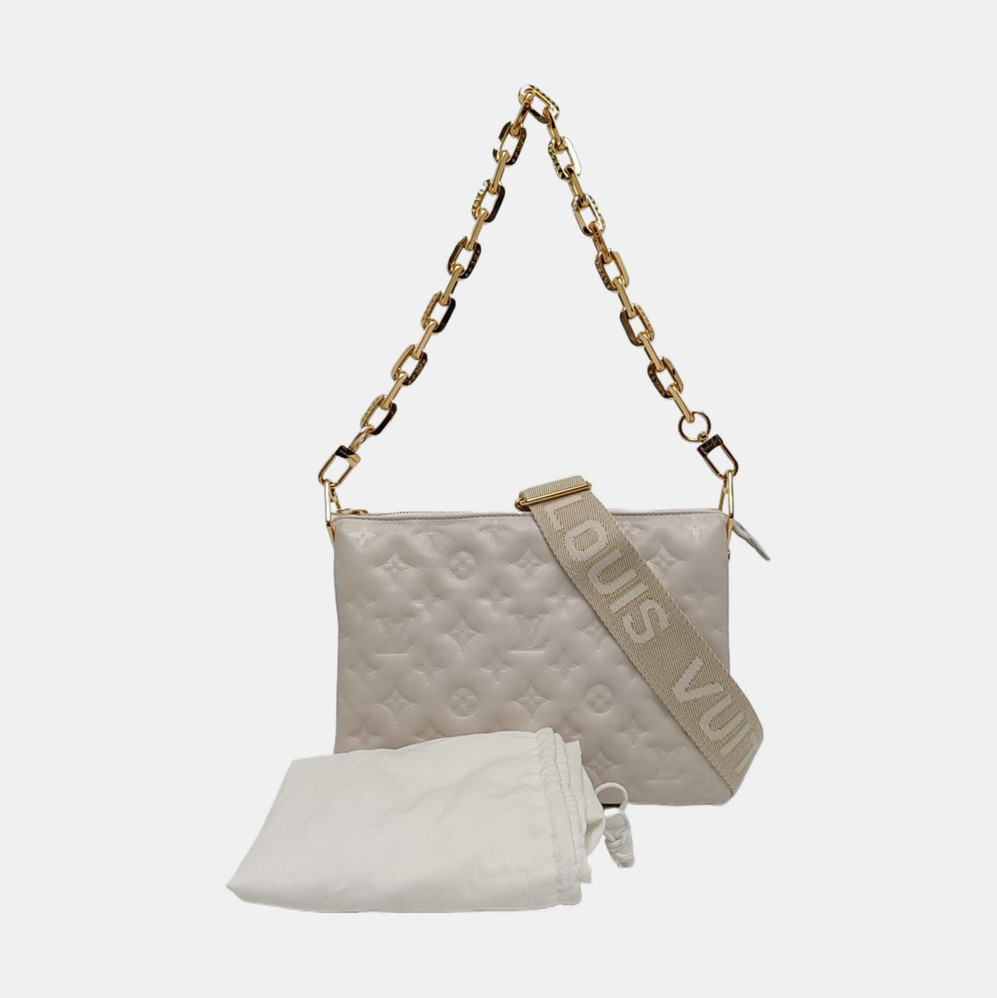 LOUIS VUITTON COUSSIN Small White Lamb Skin Embossed Crossbody Shoulder Bag Gold Hardware 2 Removable Straps-(SKU)-969252517