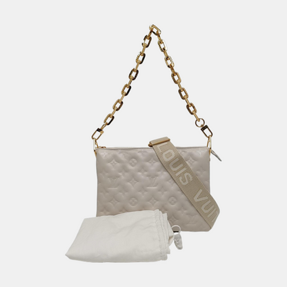 LOUIS VUITTON COUSSIN Small White Lamb Skin Embossed Crossbody Shoulder Bag Gold Hardware 2 Removable Straps-(SKU)-969252517