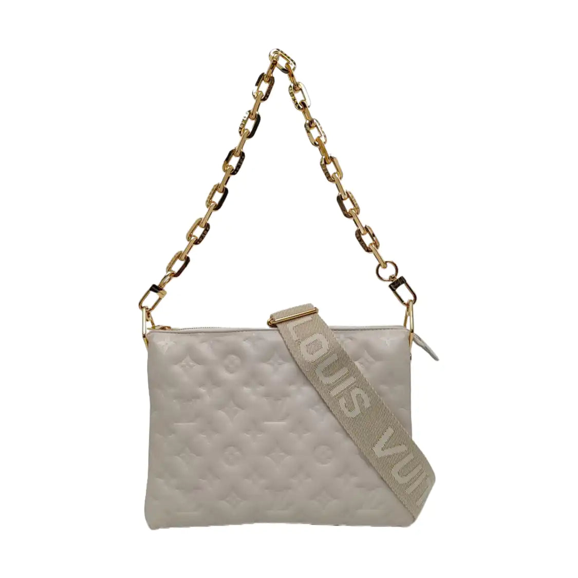 LOUIS VUITTON COUSSIN Small White Lamb Skin Embossed Crossbody Shoulder Bag Gold Hardware 2 Removable Straps-(SKU)-969252517