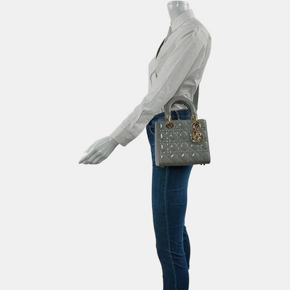 DIOR Lady Dior Small Grey Patent Leather Quilted Cannage Diagonal Shoulder Bag with Detachable Strap-(SKU)-969394043