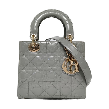 DIOR Lady Dior Small Grey Patent Leather Quilted Cannage Diagonal Shoulder Bag with Detachable Strap-(SKU)-969394043