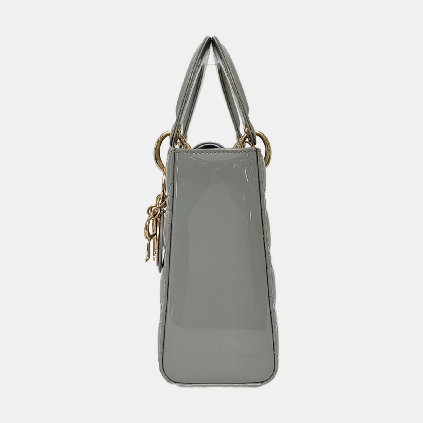 DIOR Lady Dior Small Grey Patent Leather Quilted Cannage Diagonal Shoulder Bag with Detachable Strap-(SKU)-969394043