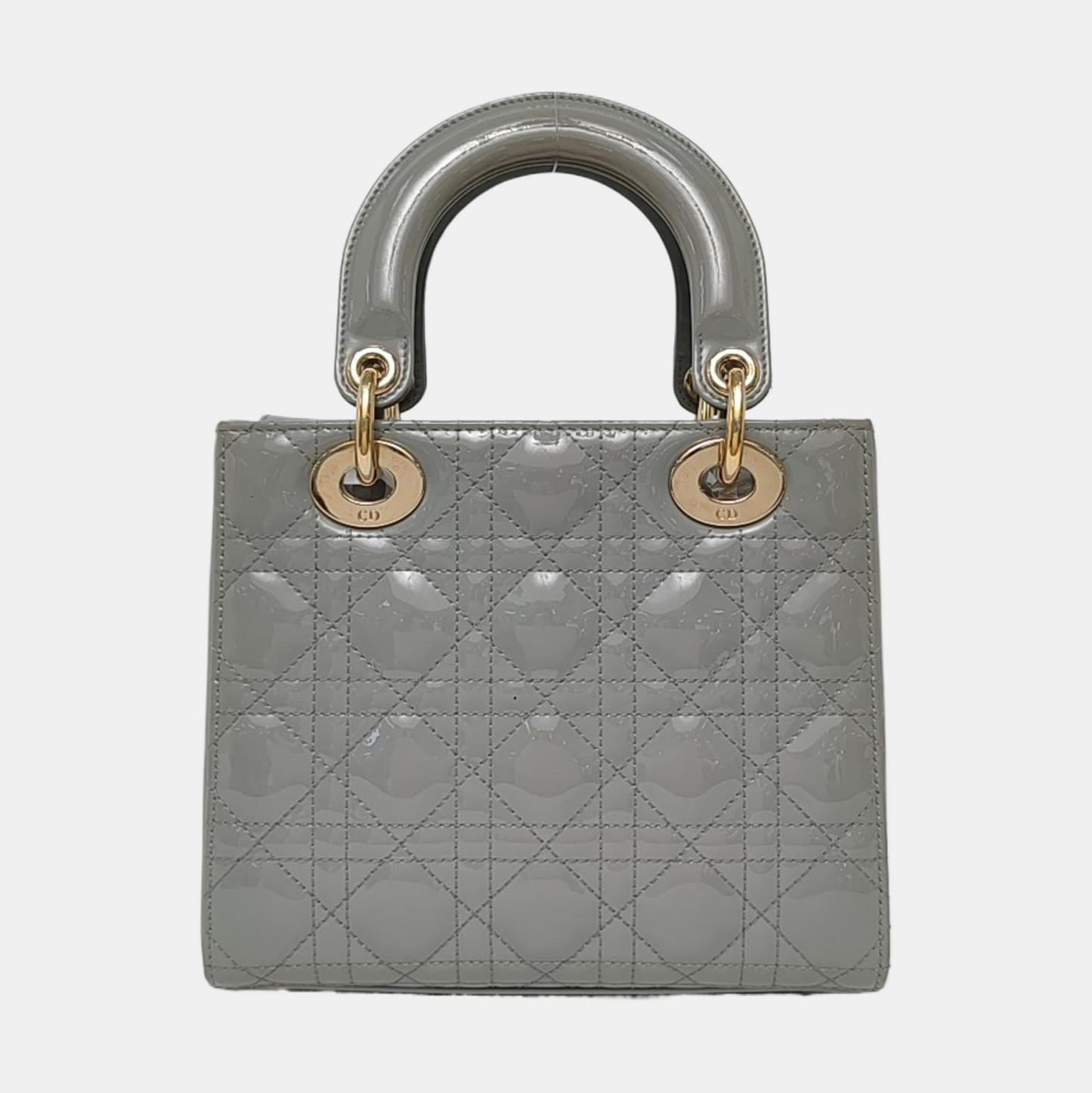 DIOR Lady Dior Small Grey Patent Leather Quilted Cannage Diagonal Shoulder Bag with Detachable Strap-(SKU)-969394043