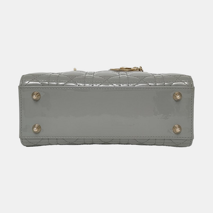 DIOR Lady Dior Small Grey Patent Leather Quilted Cannage Diagonal Shoulder Bag with Detachable Strap-(SKU)-969394043