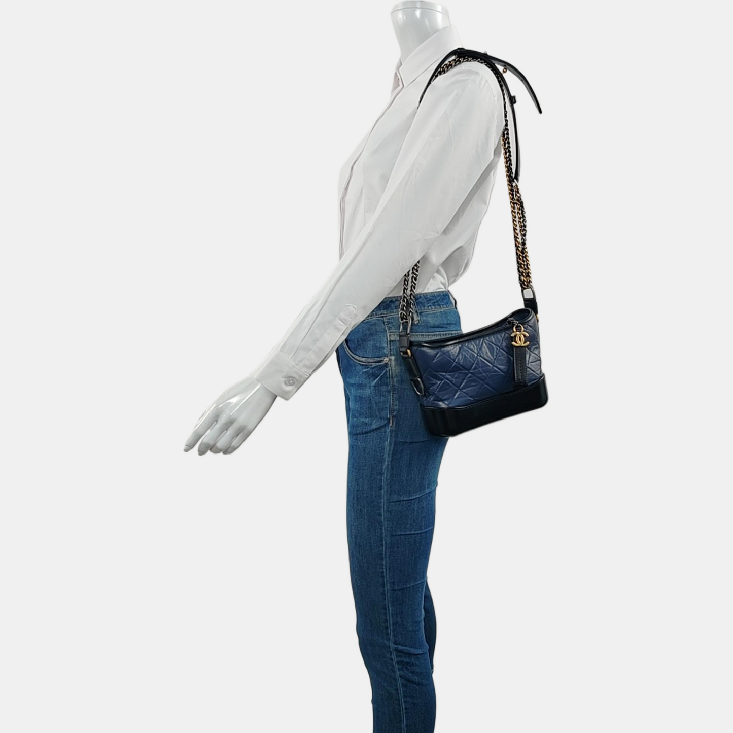 CHANEL GABRIELLE Small Deep Blue Calfskin Leather Quilted Hobo Shoulder Bag 28 Clasp Gold Silver Rhodium Hardware Removable Shoulder Strap-(SKU)-969331059