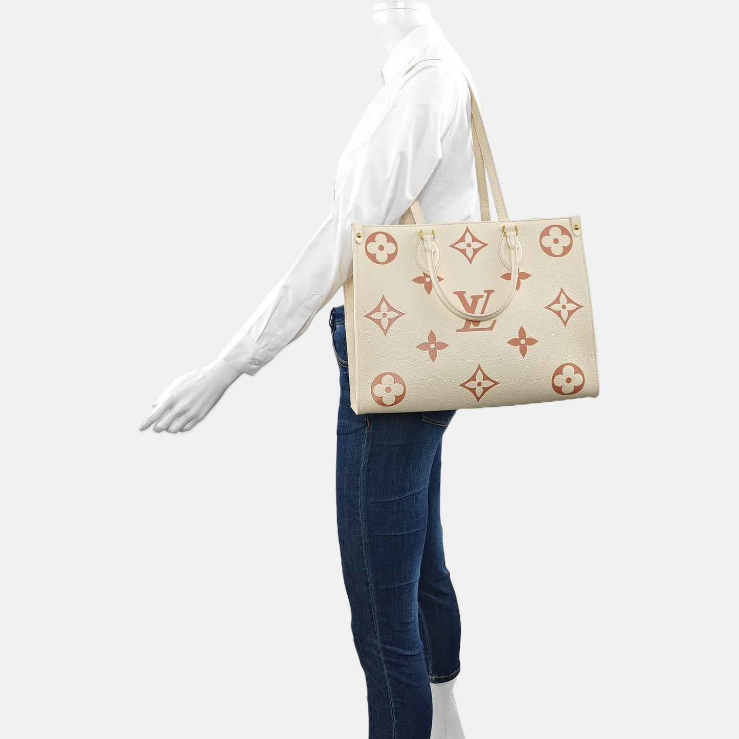 LOUIS VUITTON ONTHEGO Medium Beige Calfskin Monogram Embossed Jungle Bag Shoulder Bag Tote Bag Golden Hardware-(SKU)-969458373