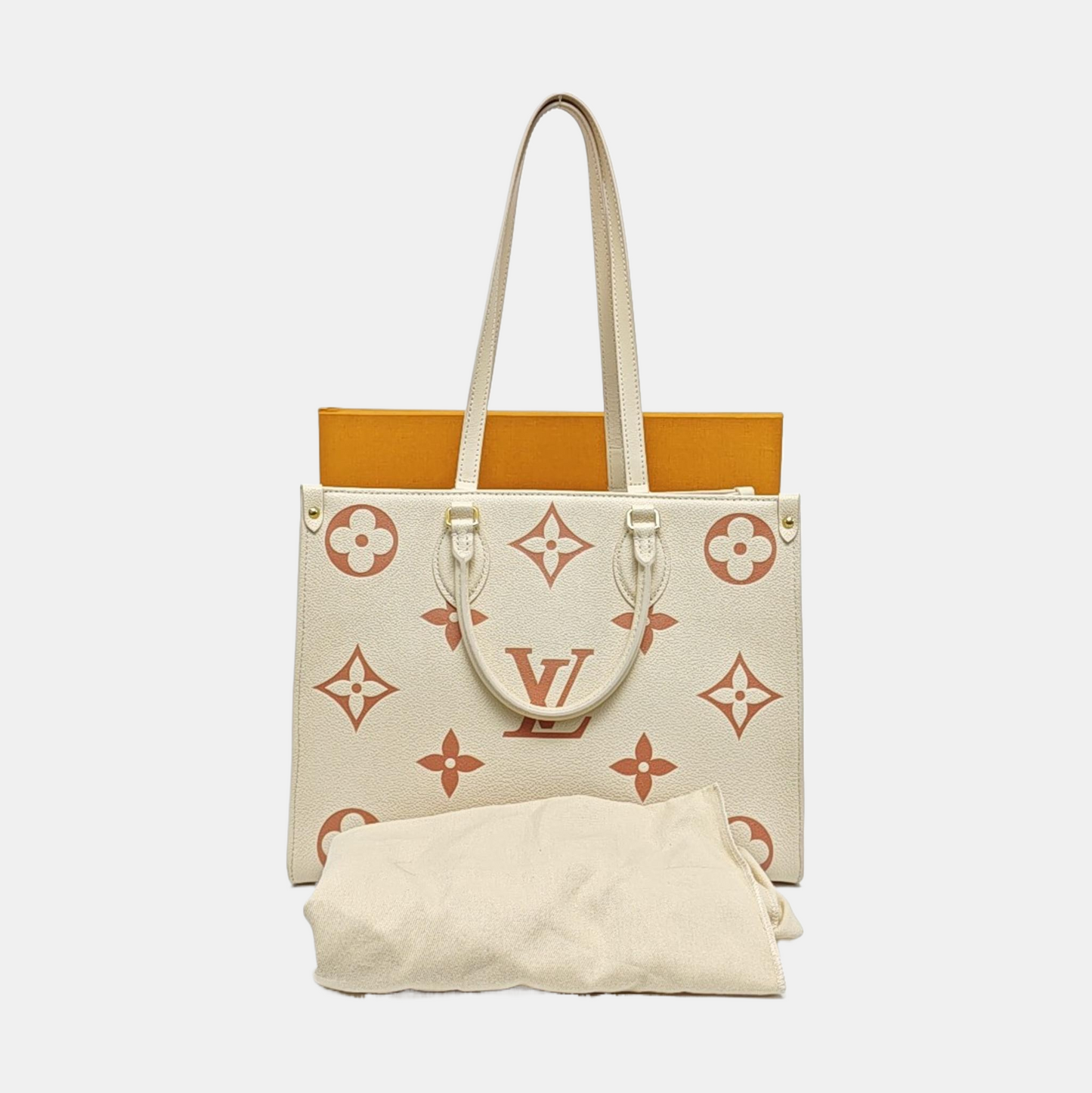 LOUIS VUITTON ONTHEGO Medium Beige Calfskin Monogram Embossed Jungle Bag Shoulder Bag Tote Bag Golden Hardware-(SKU)-969458373