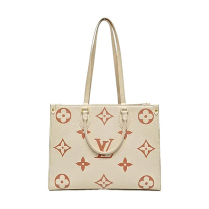 LOUIS VUITTON ONTHEGO Medium Beige Calfskin Monogram Embossed Jungle Bag Shoulder Bag Tote Bag Golden Hardware-(SKU)-969458373