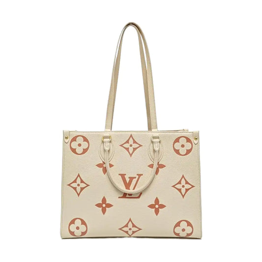 LOUIS VUITTON ONTHEGO Medium Beige Calfskin Monogram Embossed Jungle Bag Shoulder Bag Tote Bag Golden Hardware-(SKU)-969458373